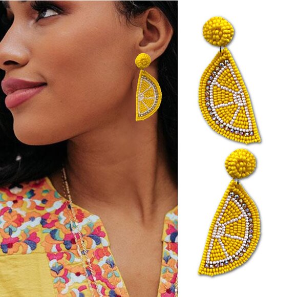 Modcloth Jewelry - Lemon Slice Rhinestone Seed Beaded Summer Fruit Yellow Statement Earrings NEW